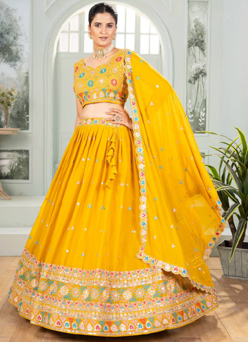 Bollywood Haldi ceremony Beautiful Yellow Georgette lehenga with sequin embroidery work.